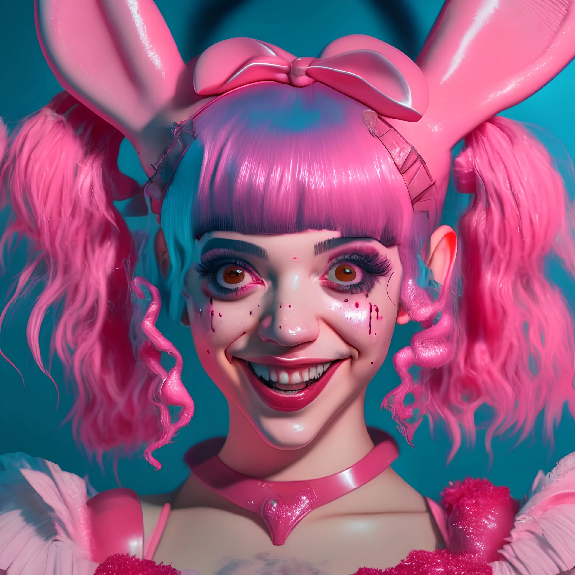 Singer melanie martinez face smiling, blood, bunny , mask, hair slime, out her mind, pink tones, realistic photograph , 3d render, octane render, intricately detailed, cinematic,