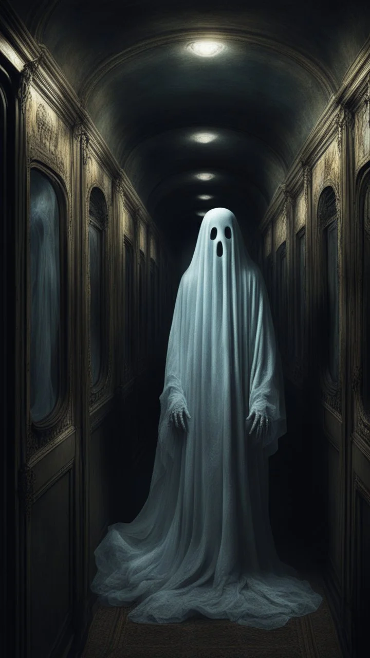 A ghost standing a sleepless night inside a dark train in a delusional state haunted by ghostly images, paint it in the baroque style, as if the man is horrified