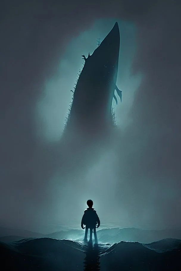 boy floating in the ocean and waving to an old tall ship heading into a foggy dark horizon with a wake behind it leading away from the boy, a dark shark-shaped silhouette lurks below the boy. vivid, sharp, clear, cinematic, grim, dark, forboding