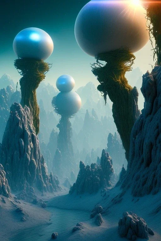 alien STRANGE WORLDS, 8k, finely detailed, photo realistic, ciudad luminosa,montaña