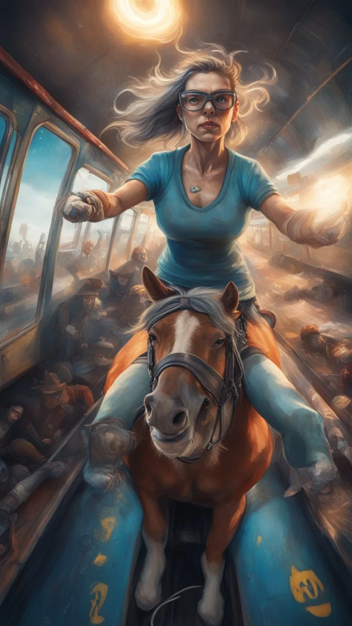 fisheye lense, hypnotic portrait of a yoga instructor on a horseback,flashy magazine cover illustration, fallout 4 docks setting, horror weird cowboy wizard cyberpunk weasel in female garments on top of train ,holding dynamite, getting hit by lightening electric arc, with big disturbed eyes,bokeh like f/0.8, tilt-shift lens 8k, high detail, smooth render, down-light, unreal engine, prize winning