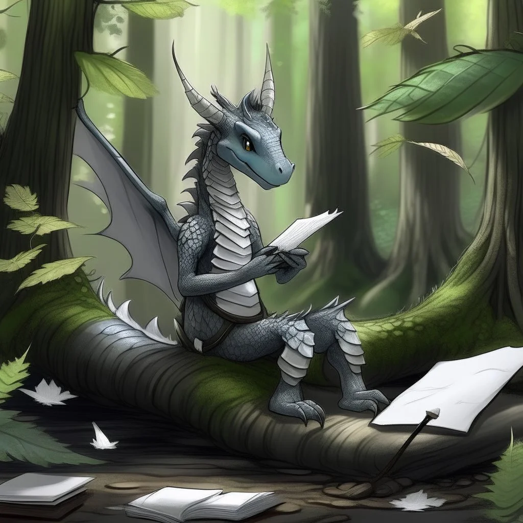 A dragonoid human with grey scales and a flexible tail in the middle of taking notes in a magical forest