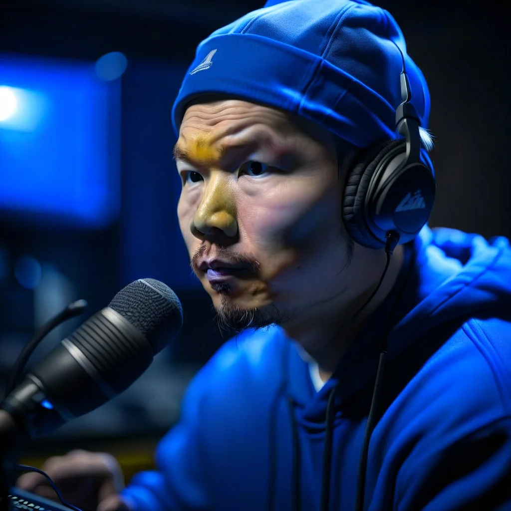 Christer Chao Solvang, norwegian chinese rapper in silver blue studio and with a tiny weird hat, young dark and handsome, with thick hairy eyebrows, and tiny mic, directing a debate, photo-realistic, shot on Hasselblad h6d-400c, zeiss prime lens, bokeh like f/0.8, tilt-shift lens 8k, high detail, smooth render, down-light, unreal engine, prize winning