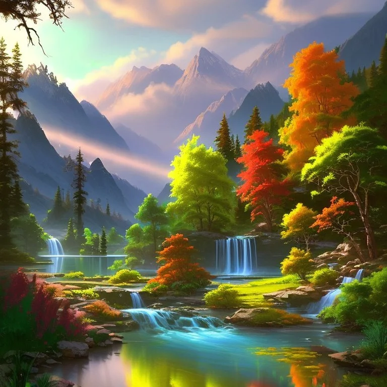 Serene landscape by day with sunlight beams with river running trough mountains, a forest with a lot of vibrant colors, in the style of bob ross, thomas kadinskade and albert bierstadt. Peacefull and calming, intricate details, vibrant.