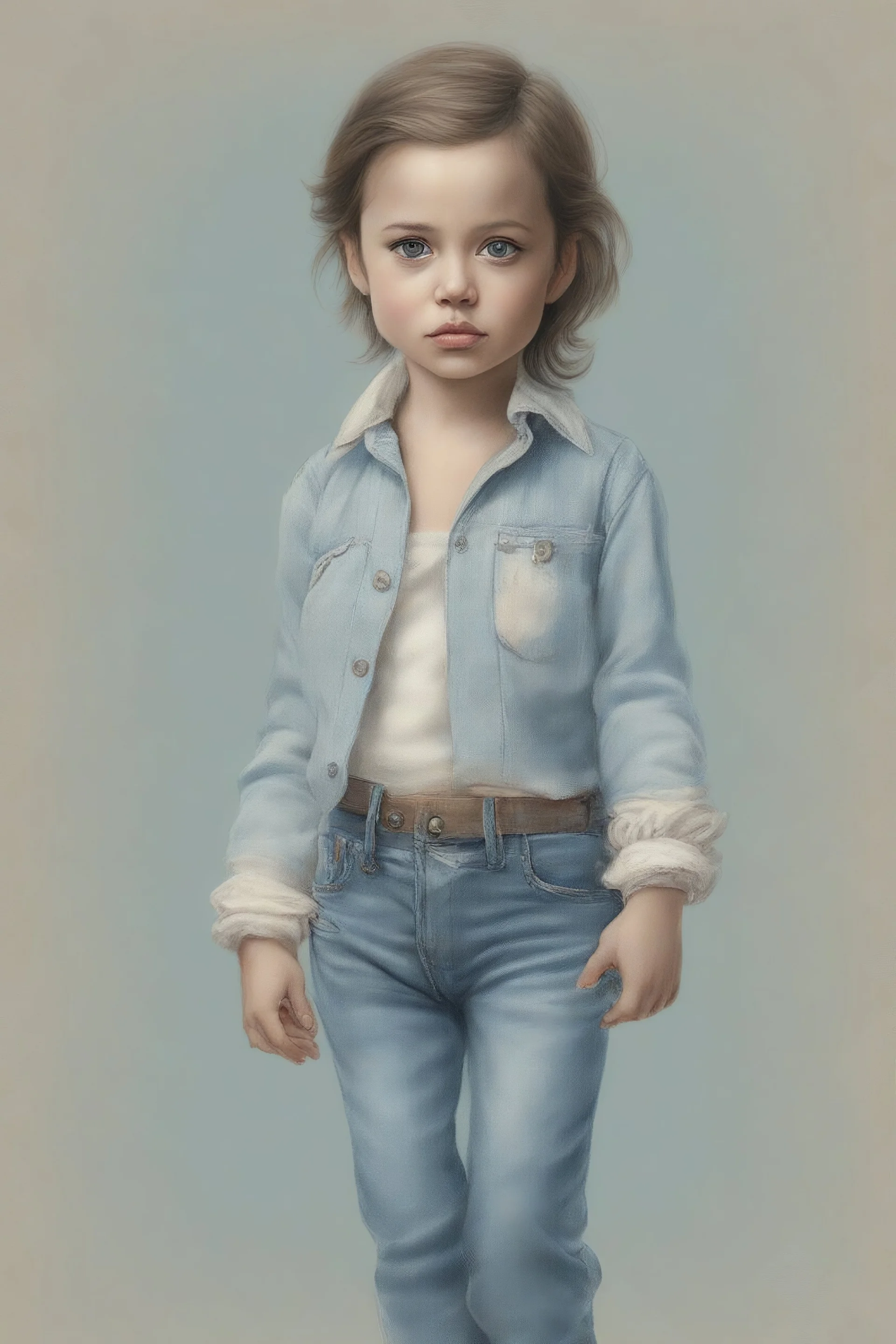 Illustration of actress Angelina Jolie as a toddler,,jeans, at.the circus, style of Marcel Marlier, pastel colors