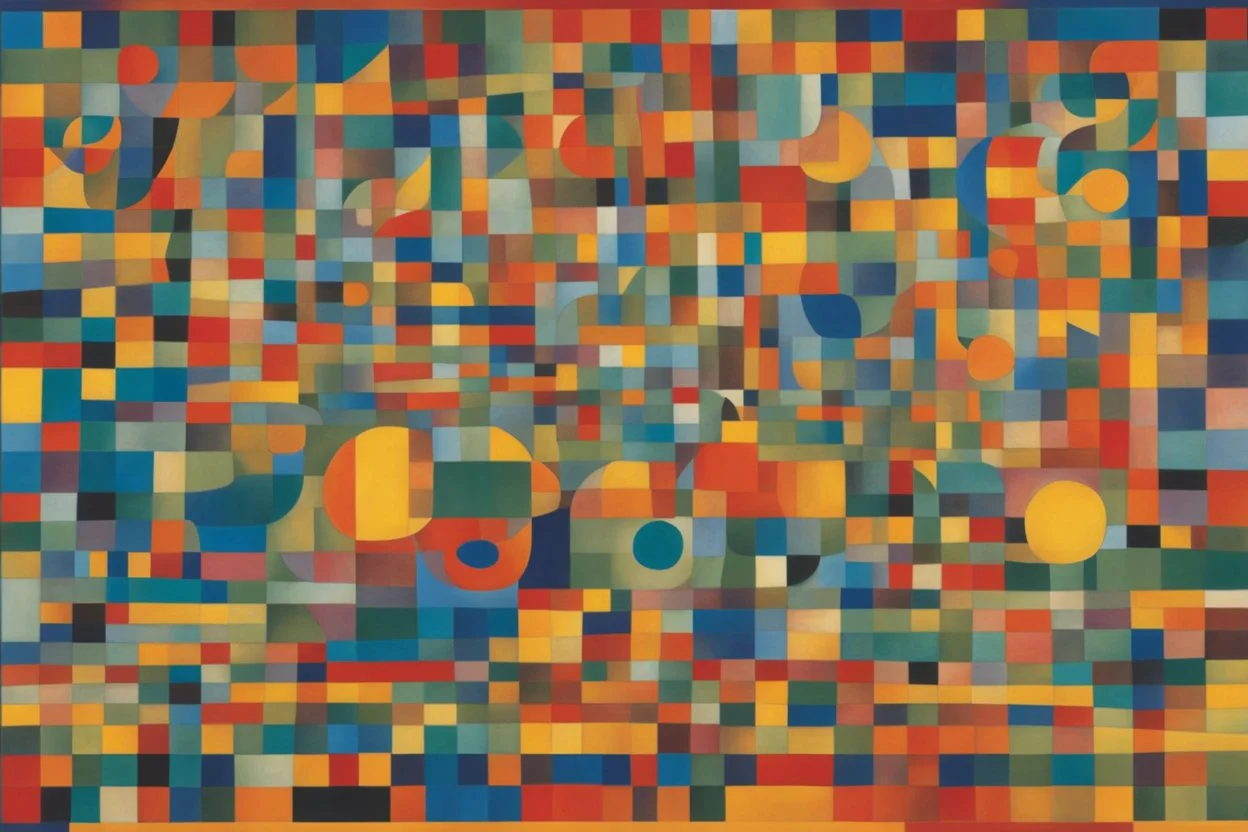 Capture the essence of a Paul Klee painting where vibrant geometric shapes seem to dance across the canvas, their bold colors and intricate patterns intertwining to create a sense of joyful chaos and harmonious energy