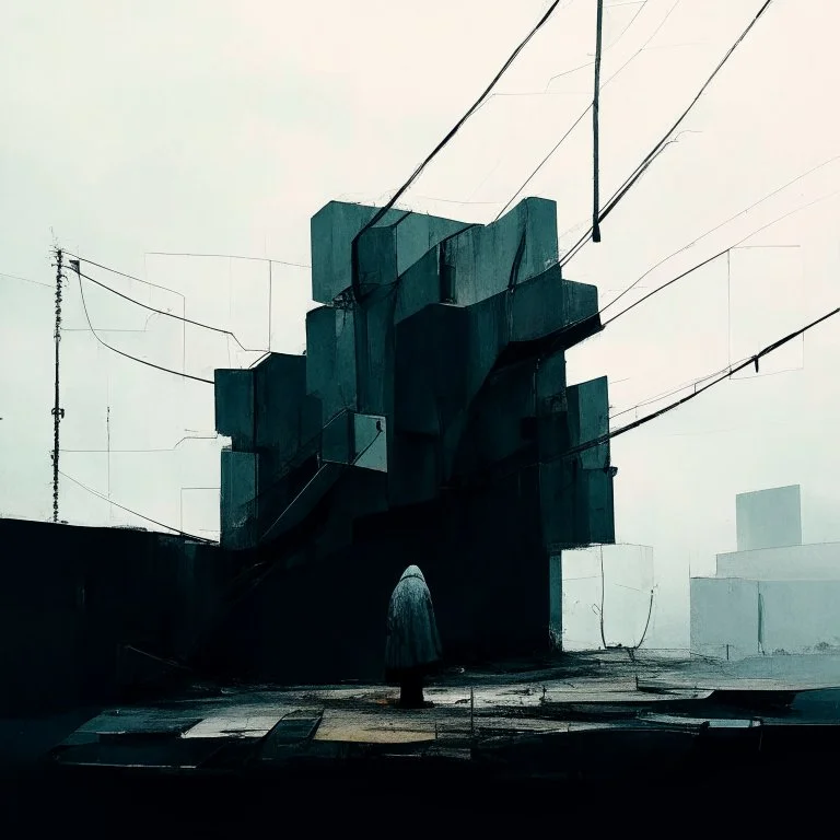 Dystopian future Wearing a trench coat. In desolate landscape at night. With a brutalist architecture concrete decaying blocks falling. Abstract oil painting in style of Justin Mortimer