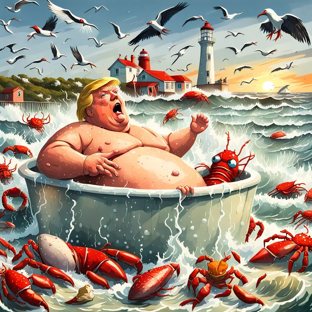 Donald Trump as a Fat man in a claw foot bathtub sinking in the ocean. Water lapping at the top of the tub. Panic on his face. Scared, screaming for help. Surrounded by seagulls, lobsters and crabs. there is a colorful light house with stormy skies in the background. Lightening and wind blows. He's in trouble.