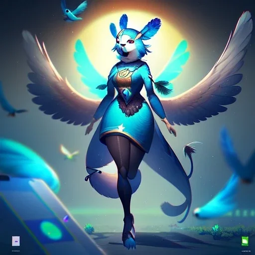 A bird fursona, Furry art, Digital art, cyberpunk, High quality, Backlighting, female, anthropomorphic, full body portrait, 8k resolution, bird tail, Realistic, high quality, great details, within portrait, masterpiece, best quality, detailed outfit, vibrant colors, perfect eyes, feathery, human body, robotic arm, sfw, highly detailed face, perfectly drawn