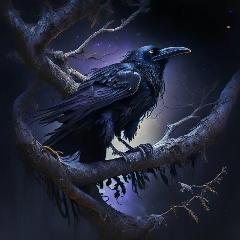 A gruff looking black raven, on a gnarled twisting branch on a tree floating in space