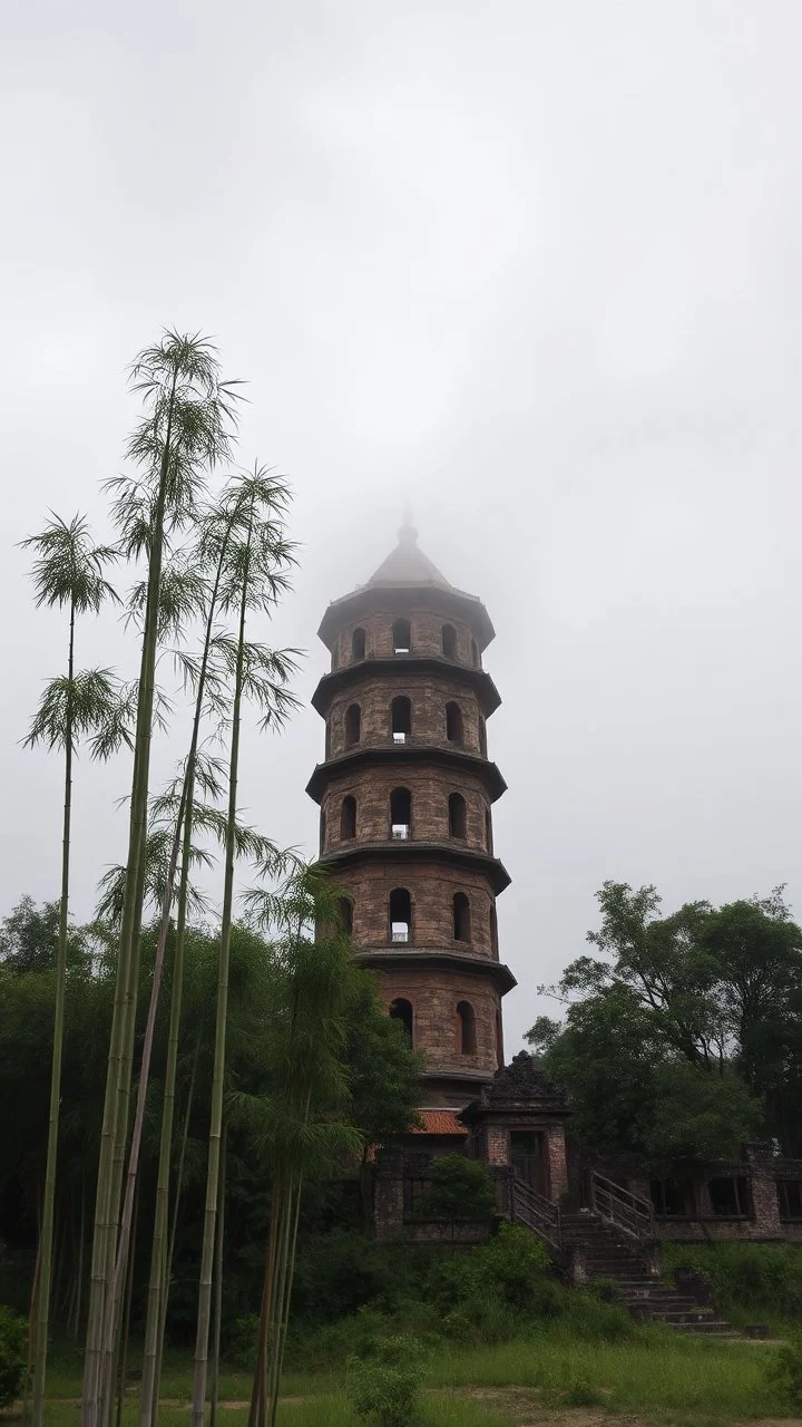 realistic photo of a tall bamboo trees in a landscape, a tower from the ancient summaries ruins with foggy clouds and gray sky