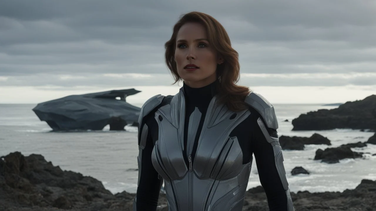 A woman in a catsuit standing on a beach of a rocky crystal-covered landscape with a crashed spaceship in the distance