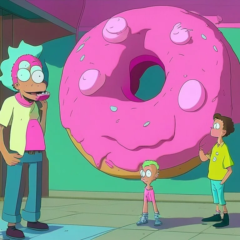 Morty staring at a giant pink donut, while Rick explains his plan to steal the recipe of the Krusty Burgers.