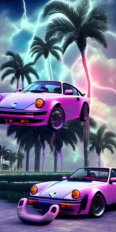 1980's aesthetic vaporwave palm trees and spheres and Porsche with lightning