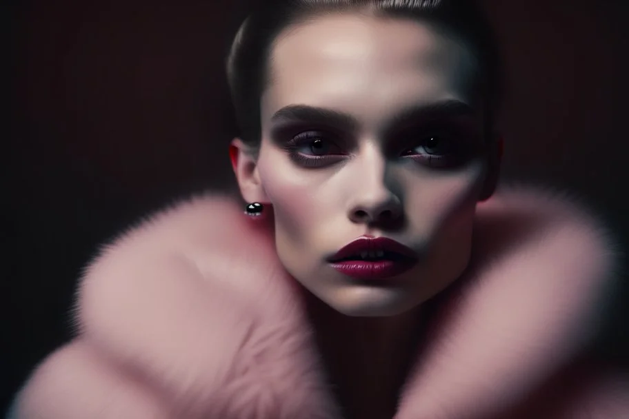 Minimalistic portrait of a beautiful woman with red lips and cold big eyes wearing earrings, a light pink fur coat in a haute couture style isolated on a dark background, cinematic lighting, ultra-realistic, shot in the style of hasselblad x2d + pishington e skinner + peter coulson, minimalism --ar 5164