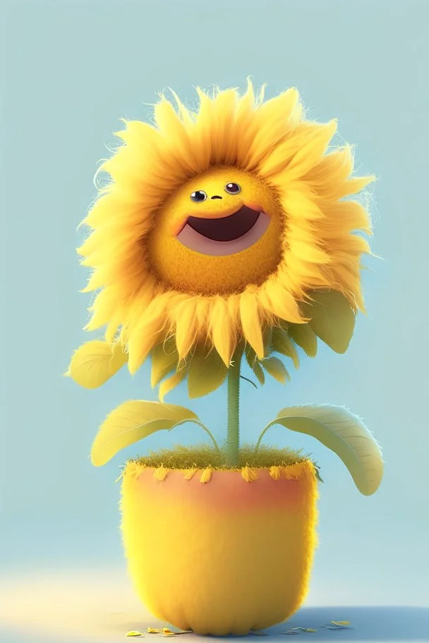 Cheery and cute sunflower in a pot avatar full body in fluffy material