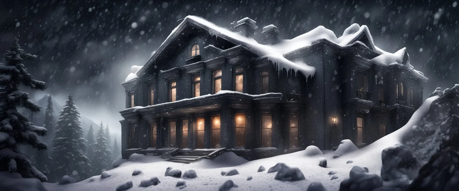 Hyper Realistic Dark haunted hotel with broken window glass & doors on the top of a mountain at heavy snowfall night