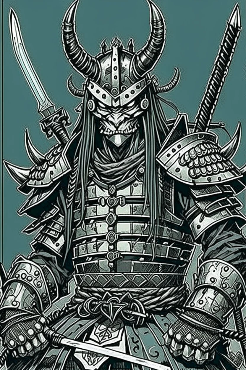 Armoured Samurai with oni mask ,manga, from 1980 dark fantasy, style by Kentaro Miura