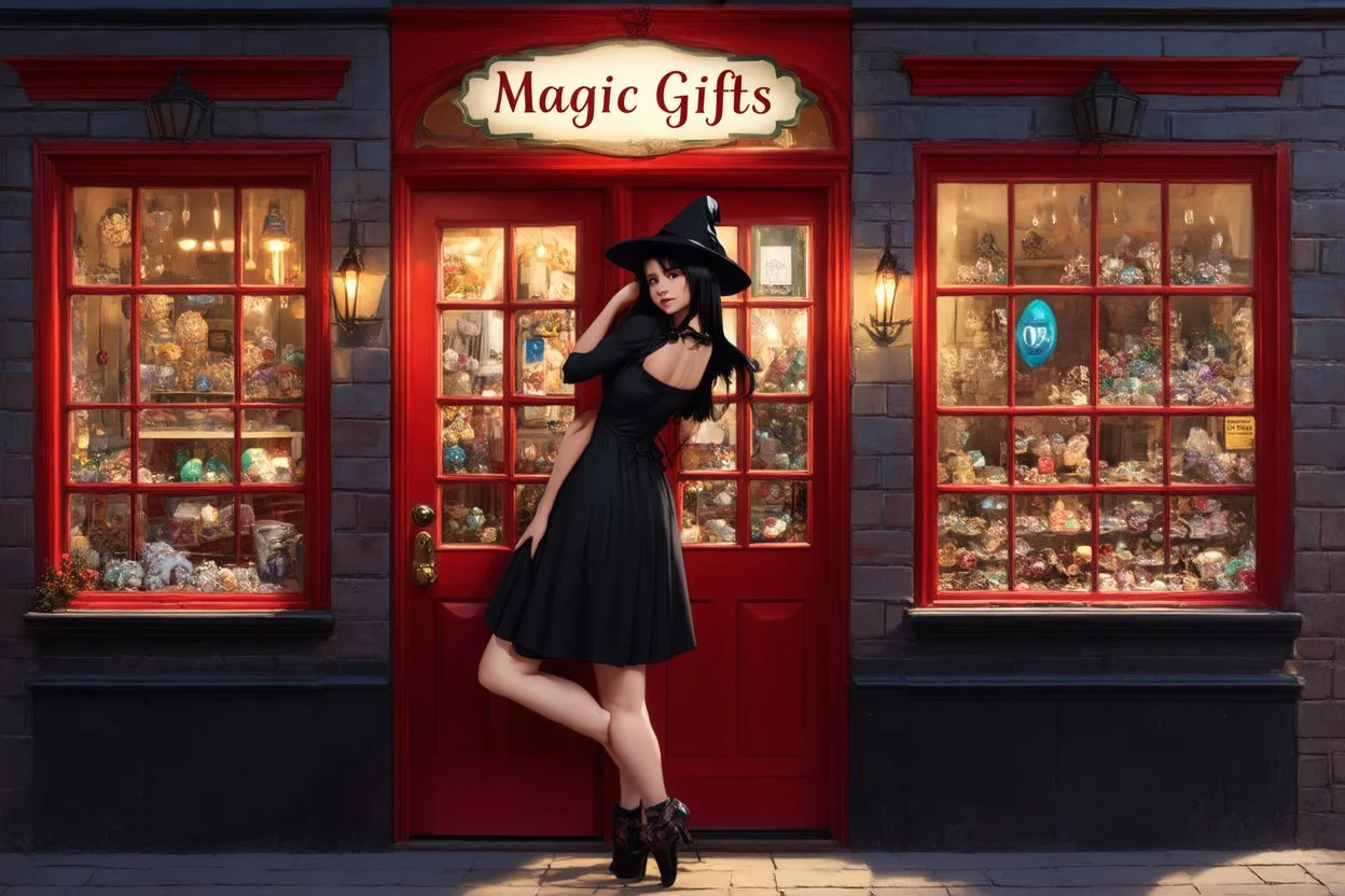 Photorealistic image of a slender, young woman with dark hair, in a witchy, black dress, no hat, leaning back against a shop door with red-painted, large, multi-paned windows on either side of a red-painted multi-paned door. Walls made of brick. The shop is selling magic gifts and trinkets. Large sign over the door.