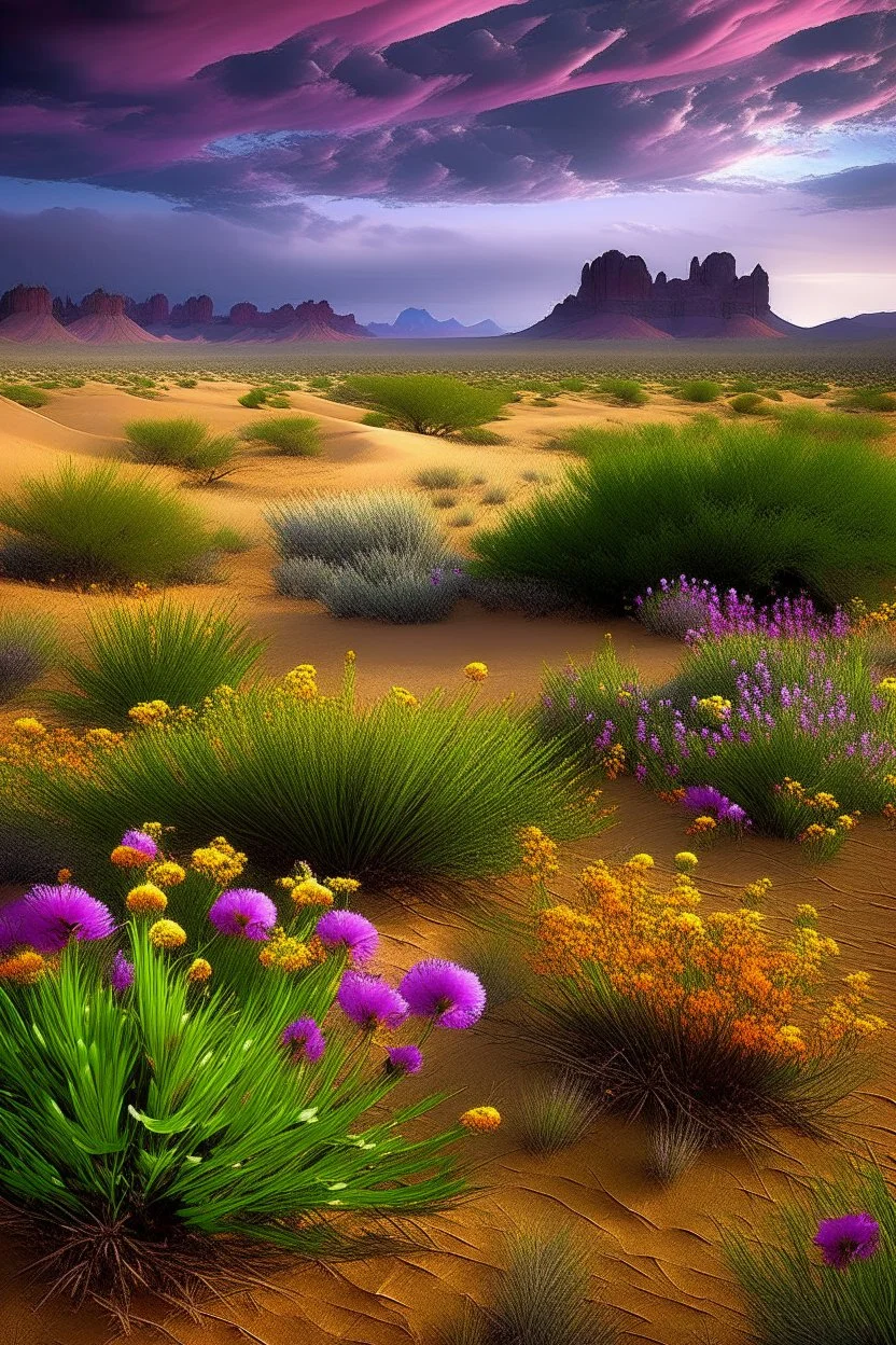 Serene desert landscape photo, vibrant wildflowers in hues of purple, pink, yellow, lush green, foreground against beige sand, gentle dunes midground, prominent buttes with golden sunlight-kissed surfaces, contrasting dark storm clouds meeting patches of clear blue sky, soft shadows, highlights, texture accentuation, quintessence of desert beauty, tranquil majestic ambiance, vertical composition for heightened butte impact, rich textured fore