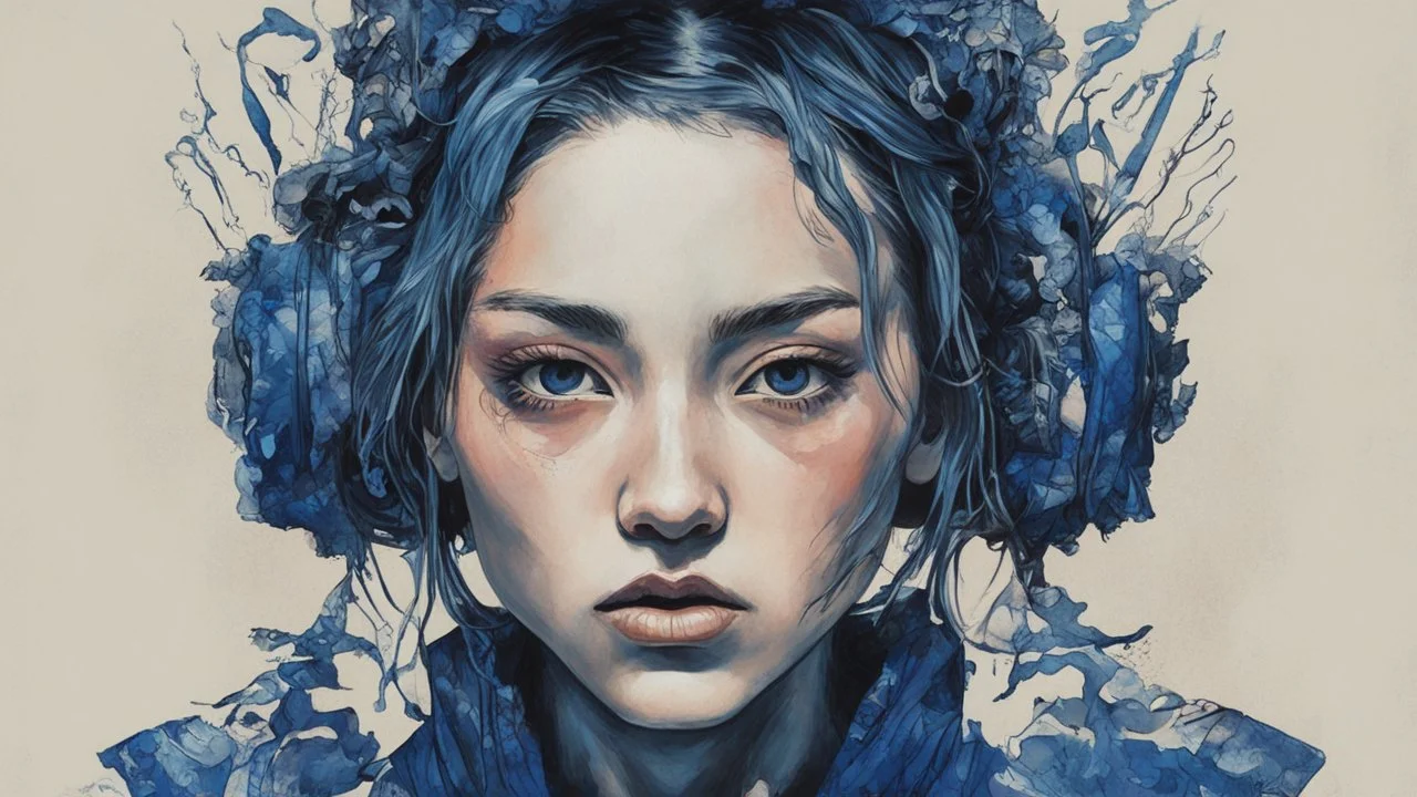 A beautiful portrait painting of a Singer Danish MØ face by Katsushika Hokusai, beautiful cyberpunk huge girl, symmetry, hyperdetailed, illustration darkblue tones,