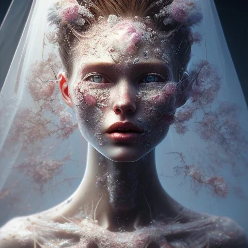 broken, cracked-open bride's face, fine detail, highly intricate, modern surrealism painting, high-quality, volumetric lighting, 8k, ultrahd, George Grie, Marco Escobedo, Igor Morski