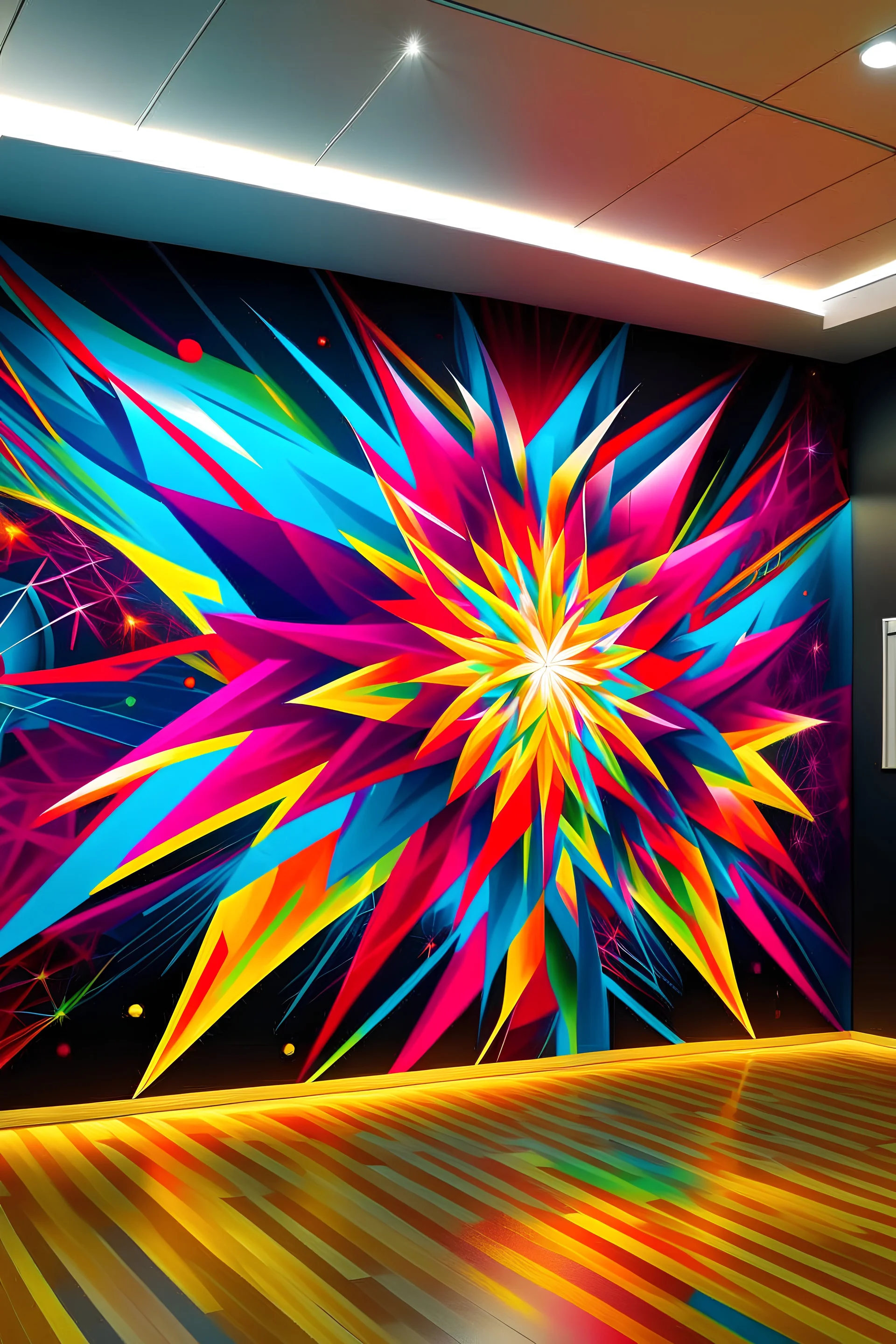 Create a hand-painted wall mural with vibrant neon geometric shapes exploding from the center, reminiscent of a cosmic burst. Use electrifying colors to convey a lively and energetic atmosphere give it a handpainted effect