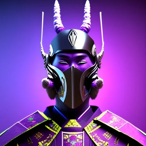 samurai purple masked villain in galaxy, teal and purple smoke, detailed, realistic, 4k