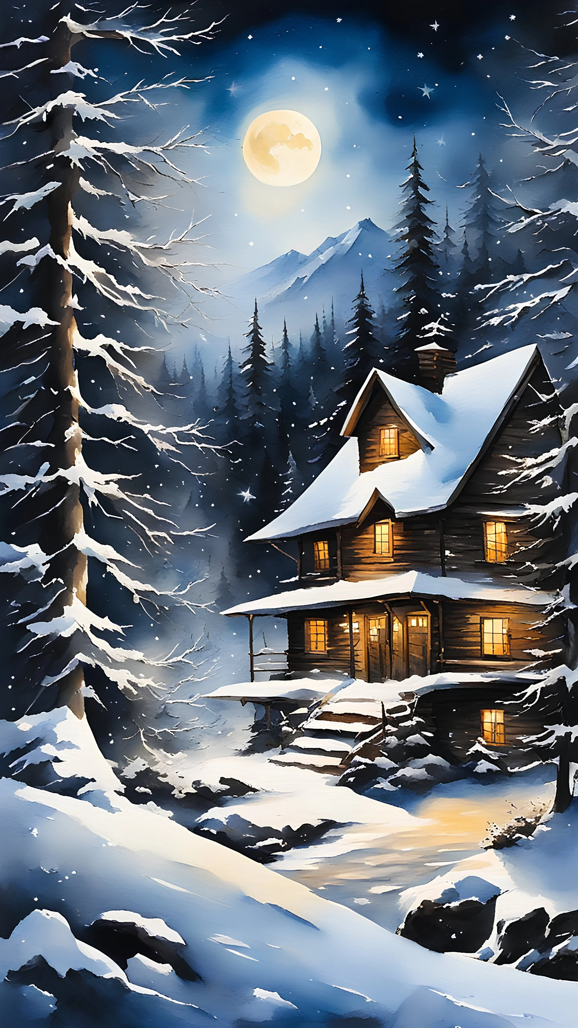 Masterpiece, best quality, watercolor painting style, painted by Bob Ross. Winter memories sit calmly in the heart The white and beautiful snow covers the cabin, The secluded village trembles with the sound of the wind, The endless and boundless black night carries the heart with it, Scattered stars, along with the bright moon, Intoxicate the heart on the deep border of the world, The peace we have always sought, Is right here with us, making the heart happy.