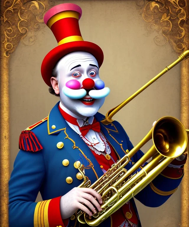 happy old friendly clown with round head and trimmed beard playing jazz with a steampunk theme, trumpet on mouth, circus, realistic