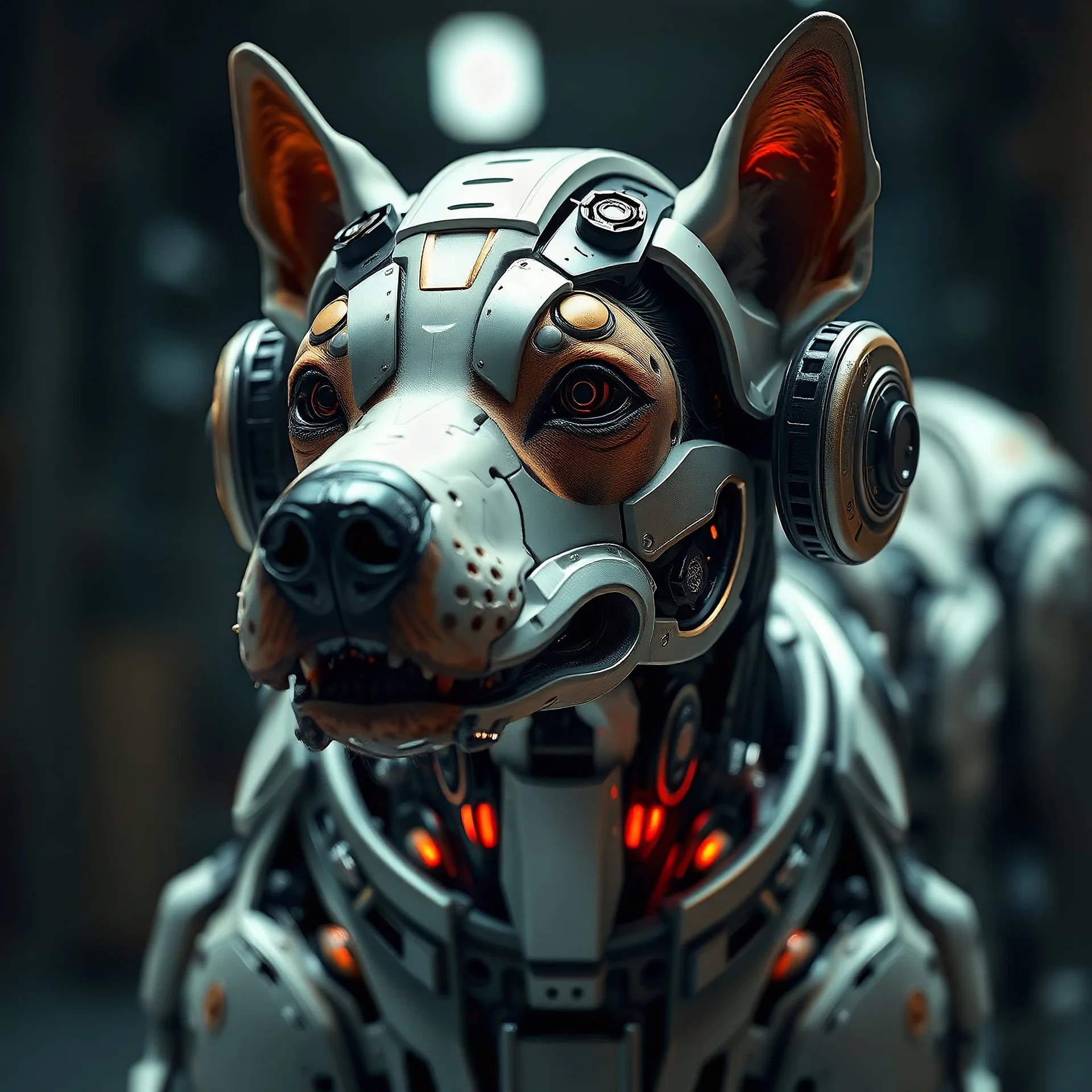 cyborg dog, photorealistic, perfect composition, cinematic shot, intricate details, hyper detail