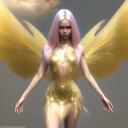 beautiful fairy very etheric, nice smiling, long blond hair, magic glamour pink make up, delicate colors, complete vision of very transparent golden and big wings, beautiful glamour transparent golden dress, ultra sharp focus, 8k, unreal engine 5, extremely sharp detail, light effect, soft light atmosphere, smooth, full of details, face in front, complete vision of face and hair and of the body