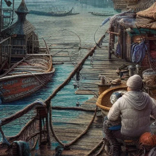 Insanely detailed photograph of an “arctexture plans fisherman on a dock” with intricate detailed of fishing knots, intricate embroidered clothing, hyperdetailed painting by Ismail Inceoglu Huang Guangjian and Dan Witz CGSociety ZBrush Central fantasy art album cover art,8K, hdr, romantic, mysterious, ominous, flowers, jewelry, steam,oil,cafe,street vendor,steamship,D&D