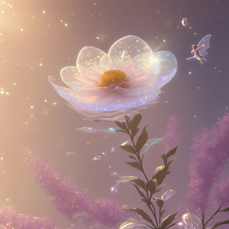 one big crystal subtle flower in a galactic ambiance with a beautiful fairy, transparent petals, delicate colors, in the foreground, full of details, smooth，soft light atmosphere, light effect，vaporwave colorful, concept art, smooth, extremely sharp detail, finely tuned detail, ultra high definition, 8 k, unreal engine 5, ultra sharp focus