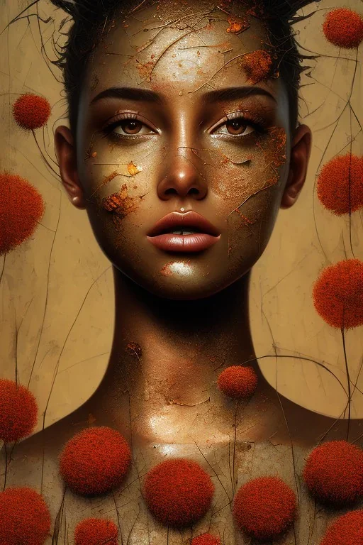 painting of rusted metal and flowers and beautiful girl portrait, rust, scaffolding, iron cladding, decay, mixed media, textured, anatomically correct, beautiful perfect face, sharp focus, highly detailed