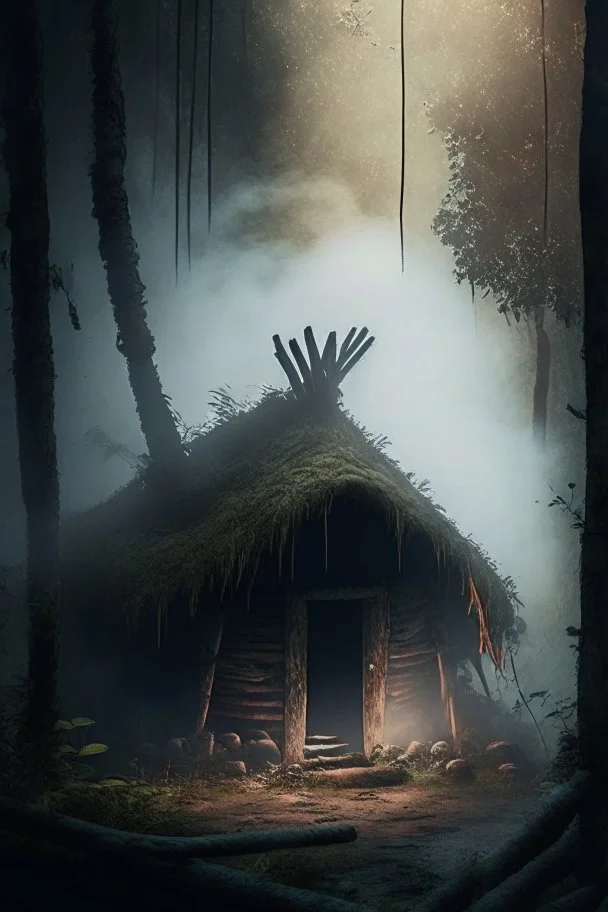 happy primitive hut in the shadows of the forest, depth of field, old photography, mist, smoke, artstation