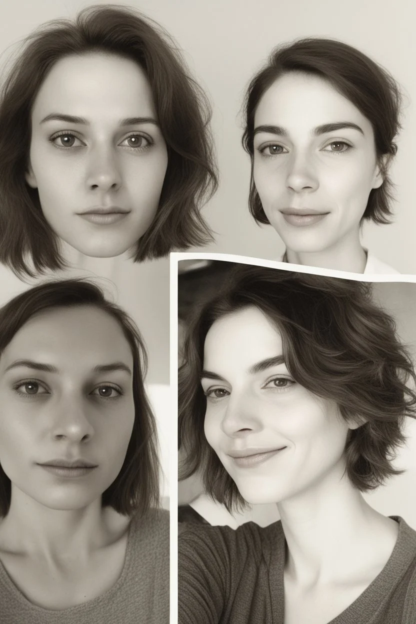 A selfie of a brunette woman, middle short hair, showing a 27-year-old European woman. She has white skin, tousled brown hair, face without makeup, big round dark brown eyes, cute profiled nose, detailed full lips, skin texture. show on the side same face but 10 years older