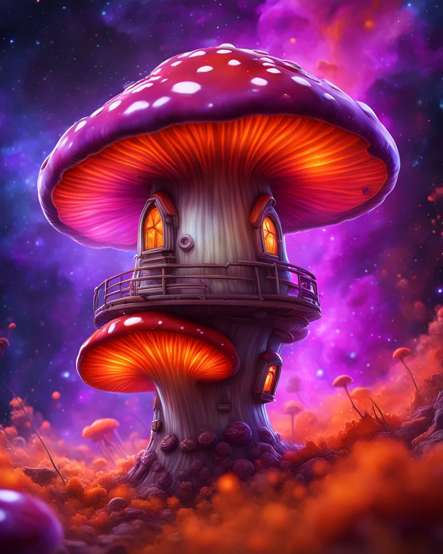 A floating island mushroom house in space. purple red orange cosmic, deep space nebulas. Detailed gloss Painting, bright color, fantastical, intricate detail, splash screen, hyperdetailed, insane depth, concept art, 8k resolution, trending on Artstation, Unreal Engine 5, color depth, backlit, splash art, dramatic, High Quality Whimsical Fun Imaginative, good composition