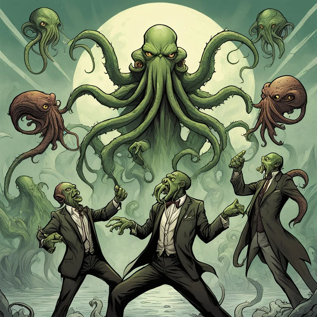 Meme of several Cthulhu's pointing at one another confusedly, dramatic, concept art, digital illustration, modern comic book art, by Aaron Brooks.