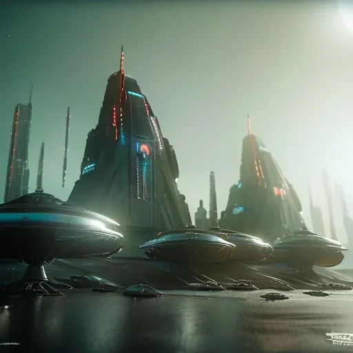 4 old school spaceships in a futuristic city.