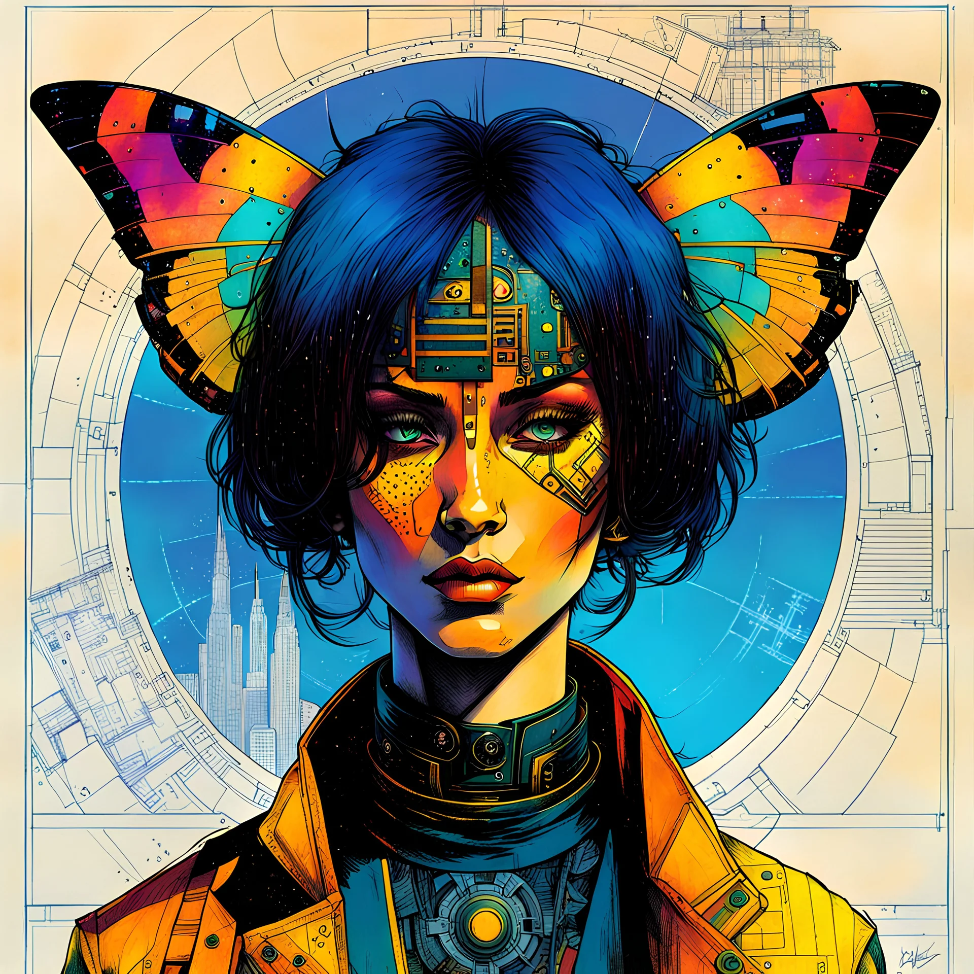 Hand drawn technical,full body portrait illustration , with detailed blueprints and engineering schematics of a walking hybrid Madagascan sunset moth insect girl, in the comic book art style of BILL SIENKIEWICZ and JEAN GIRAUD MOEBIUS, with highly detailed facial features, drawings, and technical notation, 8k, vibrant natural colors