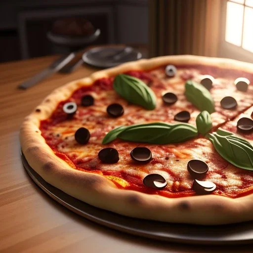 Delicious realistic pizza, sunset, light from window, shiney texture, unreal engine 5, 8k resolution, photorealistic, ultra detailed, by greg rutowski