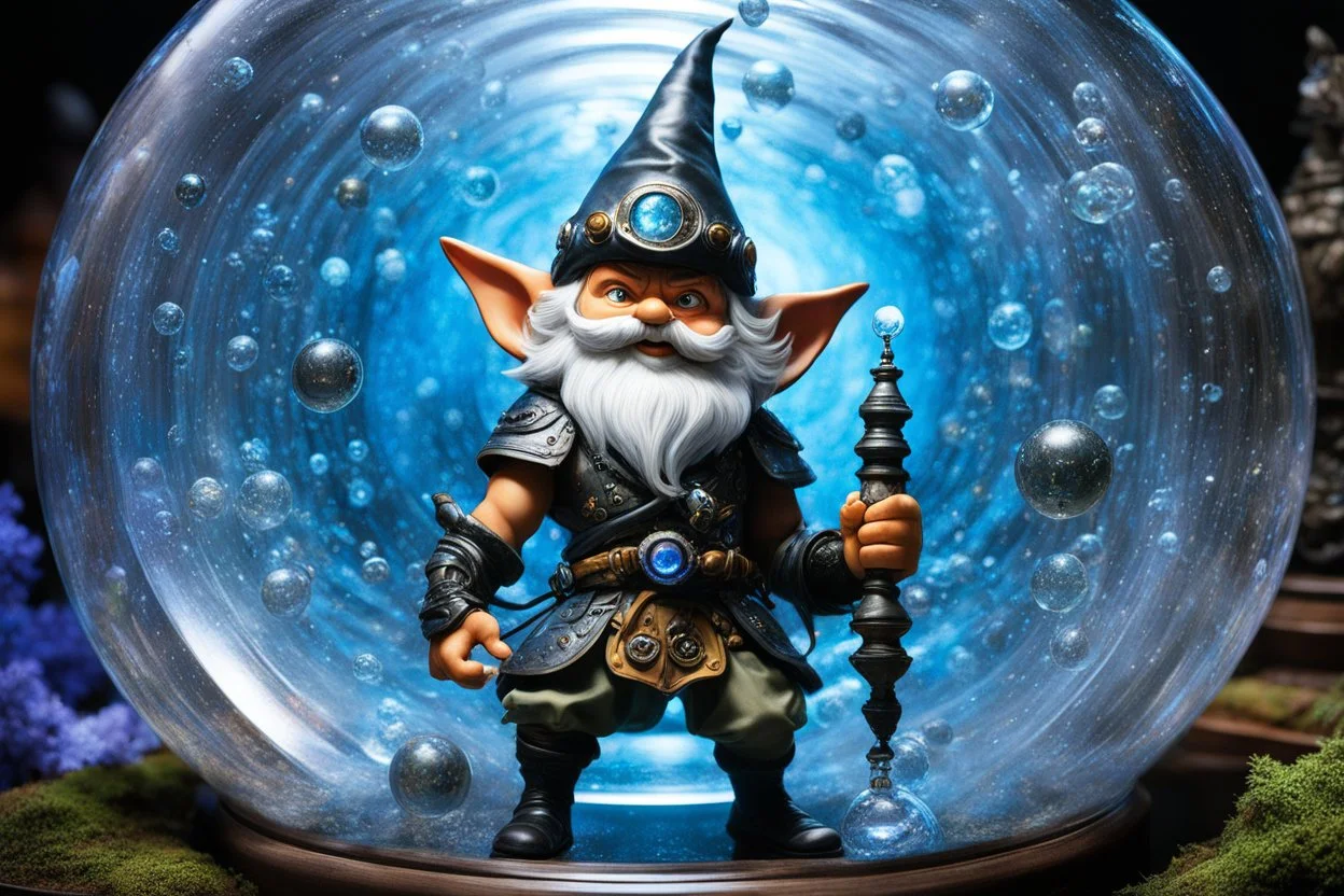 (in the style of Orion, by Masamune Shirow) (psychedelic, high res photo by Ray Harryhausen) Step inside, deeper, into the swirling glass vortex, a whole workshop of a techno mage gnome captured within a transparent, undulating bottle. The gnome, a stop-motion creature of latex and fur, with eyes wide and a manic grin, is in mid-creation, his multi-limbed, clockwork hands sculpting gears and sparks of blue energy from raw crystal. All around him, the environment breathes and collapses—a chaotic