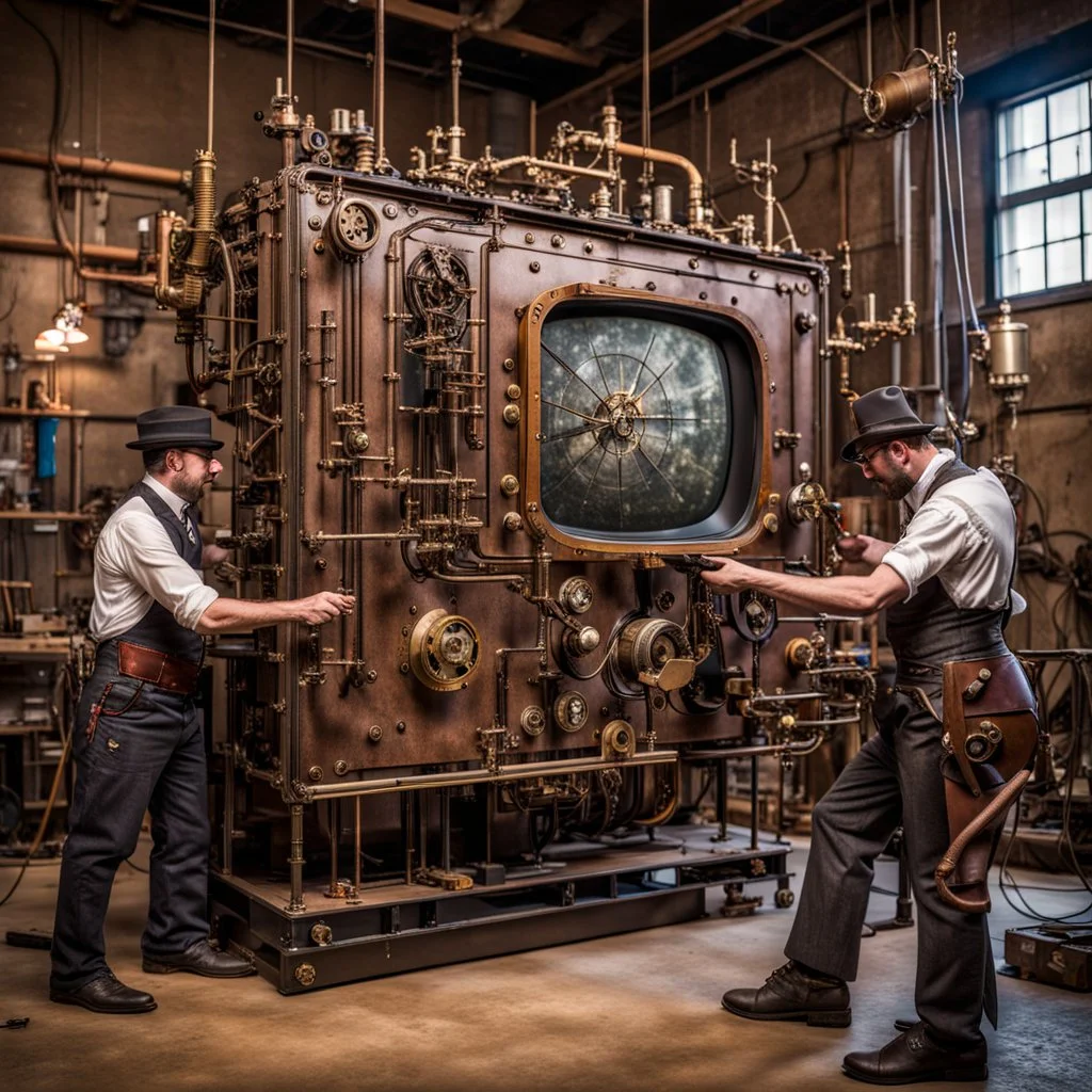 Steampunk engineers constructing a large flat screen television