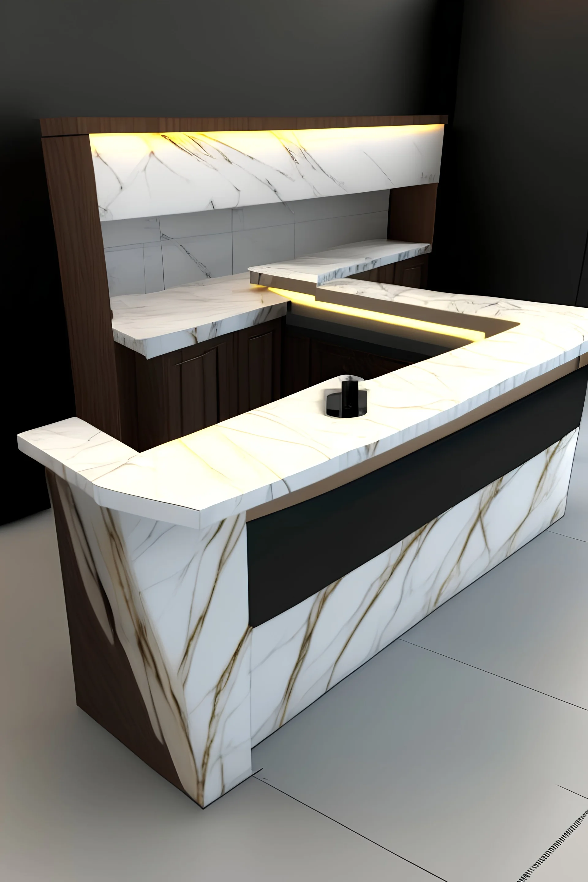 Rectangular counter furniture for reception 1.60m wide, 1.10m high and 0.8m deep, with marble slab kallistone, exterior plated with nacar color wood paneling. Inside it should have a space for two video surveillance screens , two telephones, paper storage, drawer, electric kettle and cups