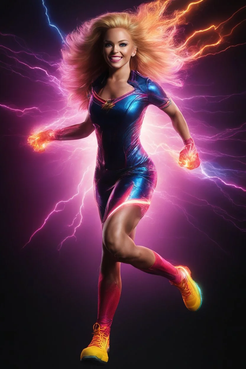 medium long shot, wide angle shot, full body, Barbie Allen aka The Flash, running, multicolored, atmospheric, beautiful, bright, vibrant colors, multicolored lightning, pitch-black background, Professional quality digital photograph, 4k UHD, Photorealistic, professional quality