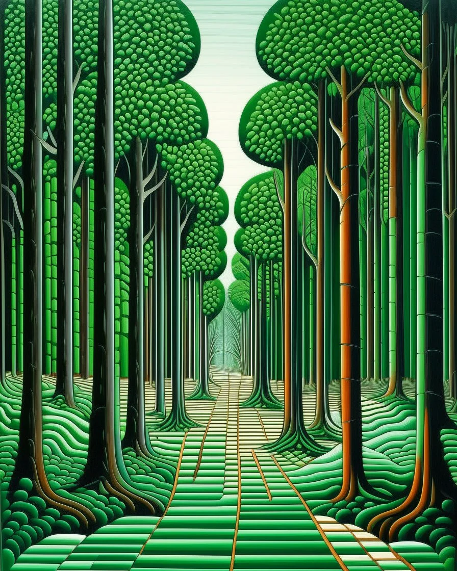 A green forest with giant trees designed in Navajo baskets painted by Victor Vasarely