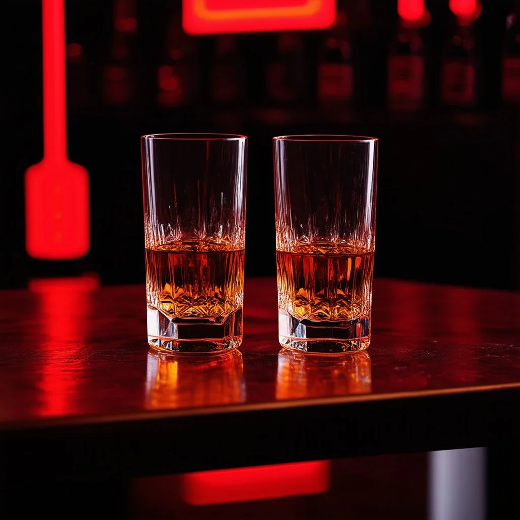 a table showing two whisky glasses in a dark bar room, red neon hues, van gogh style