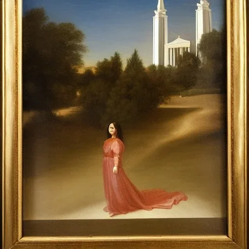 A Italian painting of a Latina young woman in a dress in front of a Mormon temple in sunshine in the style of DaVinci