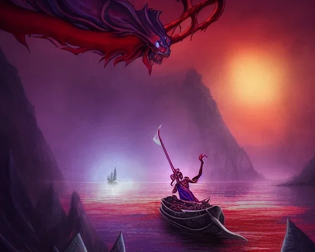 sango fantasy, fantasy magic, intricate, sharp focus, illustration, highly detailed, digital painting, concept art, matte, Greek mythology Charon ferryman, skeleton in full length cape, in boat on river styx, sharp jagged rocks, red purple blue colours, red hot lava river